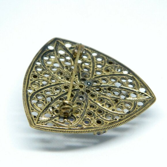 Blue Glass Rhinestone Gold Tone Filigree Shield - Picture 4 of 4